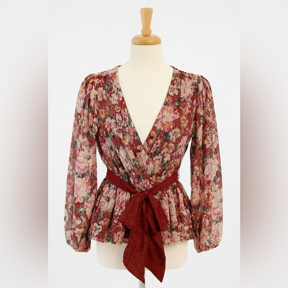 LC Lauren Conrad Tops - Lauren Conrad Top Womens 1X Maroon Pink Floral All Over Sequins Belt A